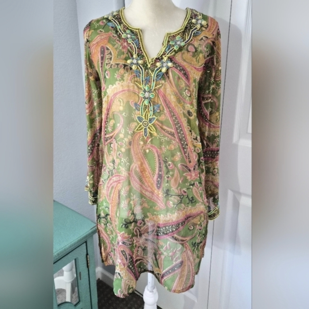 Boho Silk Beaded Tunic Dress Paisley Embellished Festival Resort Size S